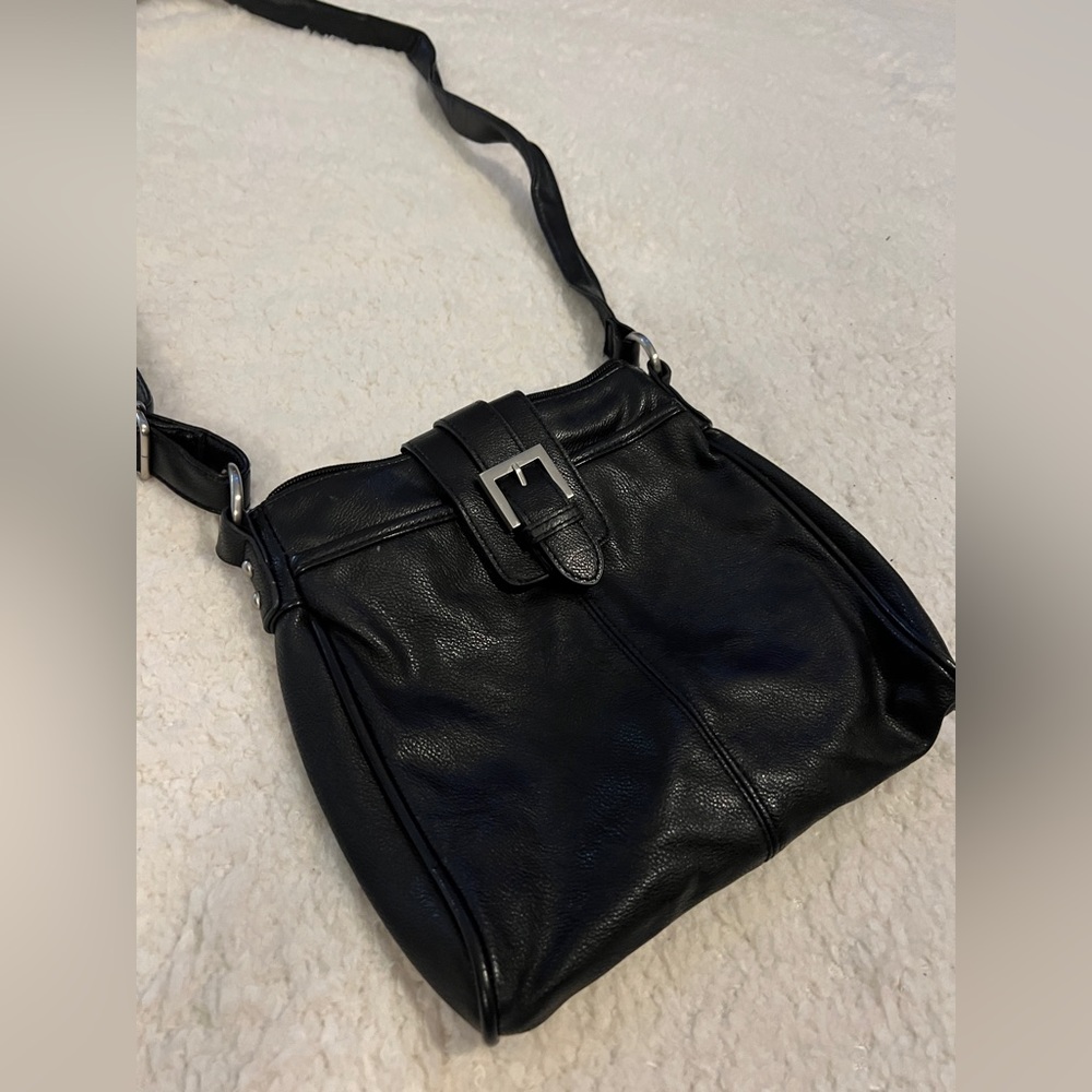 Black Faux Leather Crossbody Purse w/Silver Buckle
